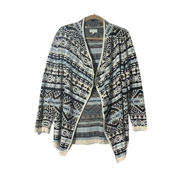Lucky Brand Open-Front Aztec Print Cardigan Blue White Brown Size Medium Tribal - Picture 1 of 6